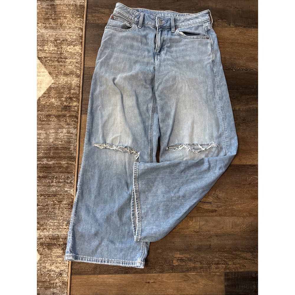 American Eagle Low Rise Baggy Jeans Womens 2 Short Wide Leg Stretch Denim